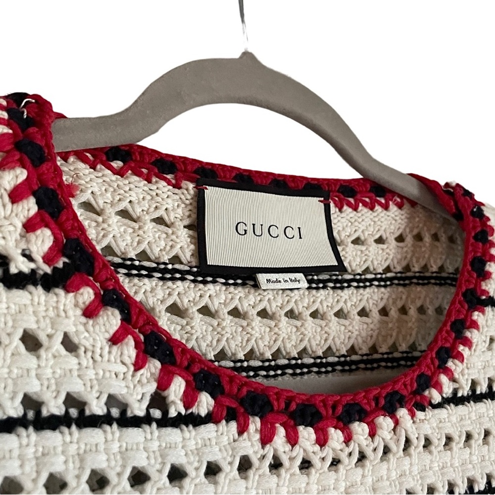Vintage Gucci Woven Pullover Ivory Sweater with Red/Navy Trim